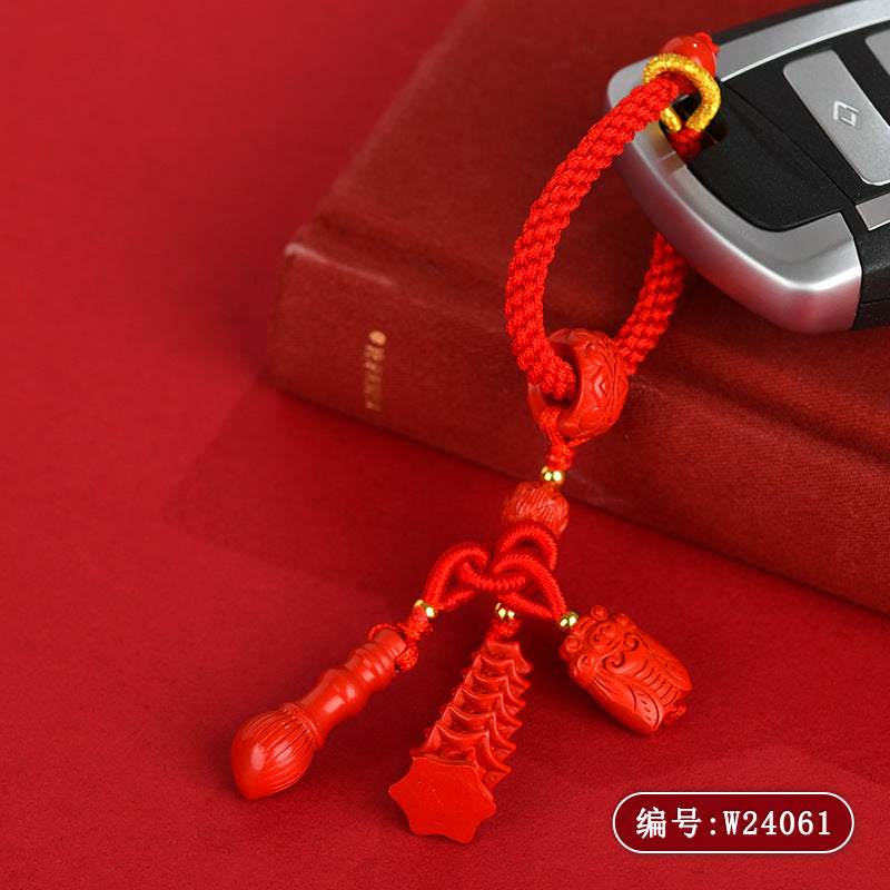 Natural Imperial Red Cinnabar Wenchang Tower Pen Keychain | Academic Success & Career Luck Talisman