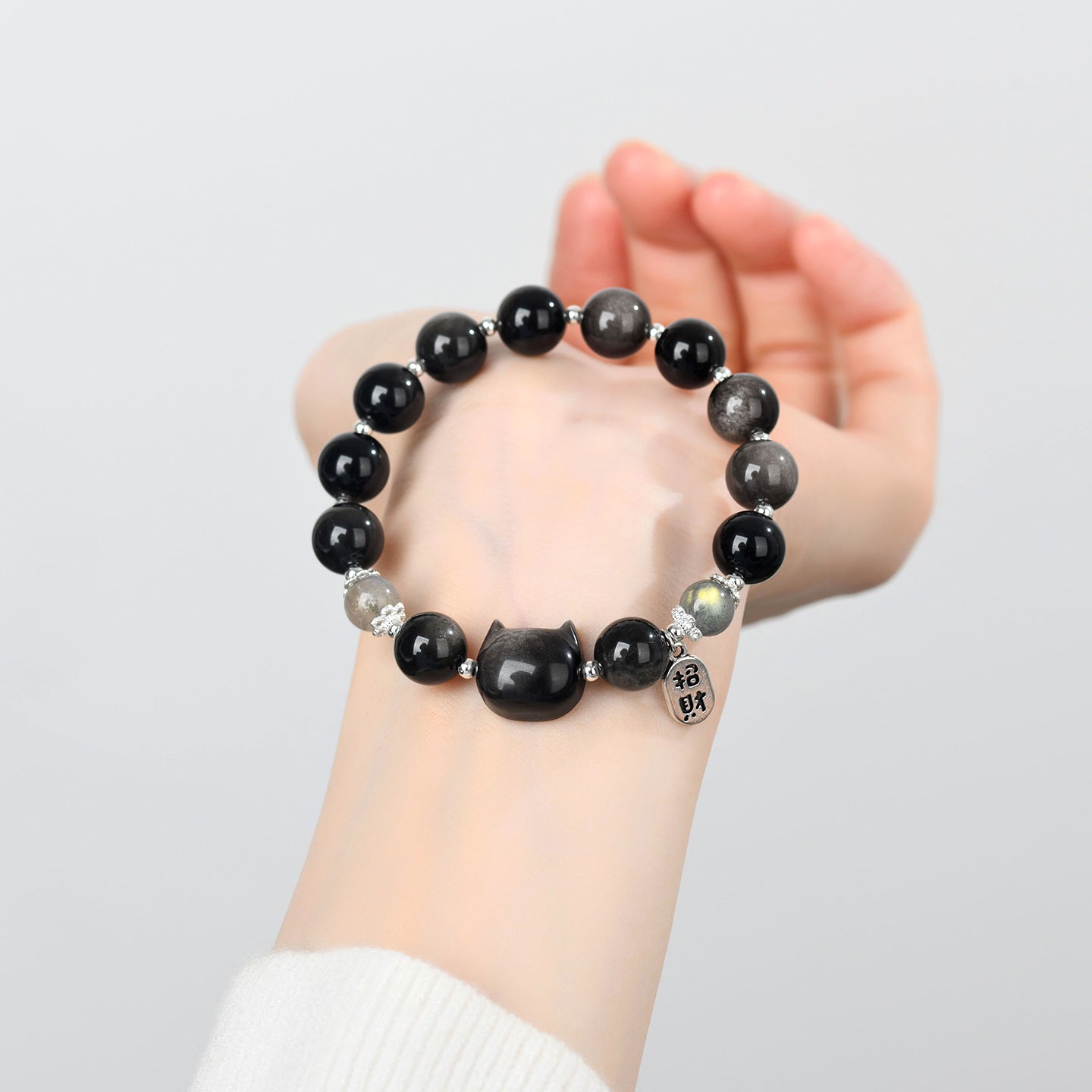 Silver Obsidian Faceless Cat Moonlight Bracelet | Chinese Style Women's Protection Jewelry
