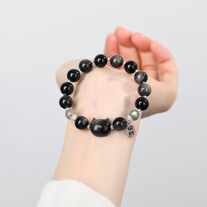 Silver Obsidian Faceless Cat Moonlight Bracelet | Chinese Style Women's Protection Jewelry