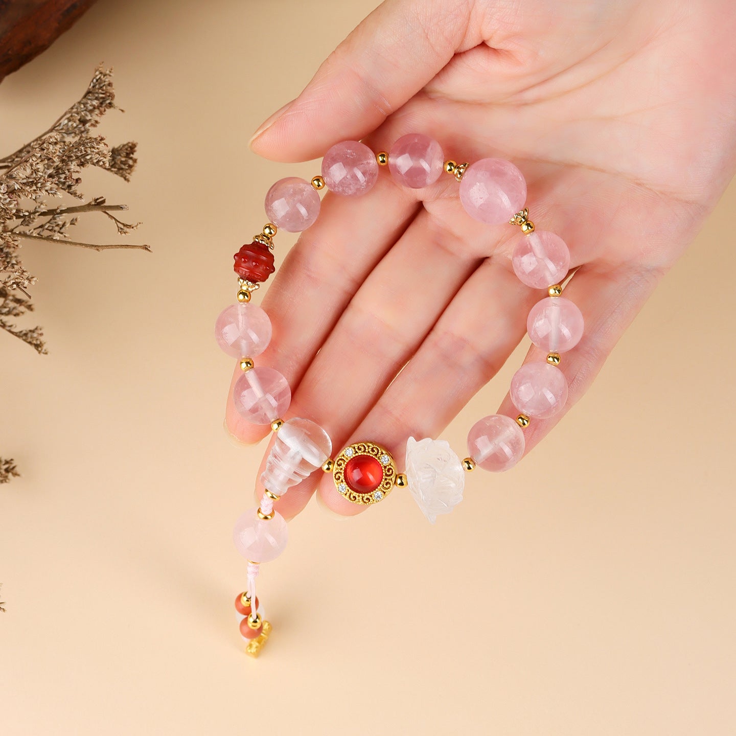 Beijing Palace Style Natural Pink Crystal Bracelet | Love Harmony Spiritual Amulet for Women