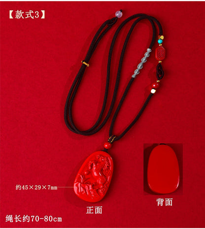 Imperial Red Cinnabar Horse Zodiac Pendant - Success and Fortune Talisman