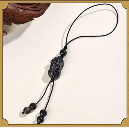 Natural Silver Obsidian Pixiu Phone Chain - Handmade Wealth Attraction Pendant