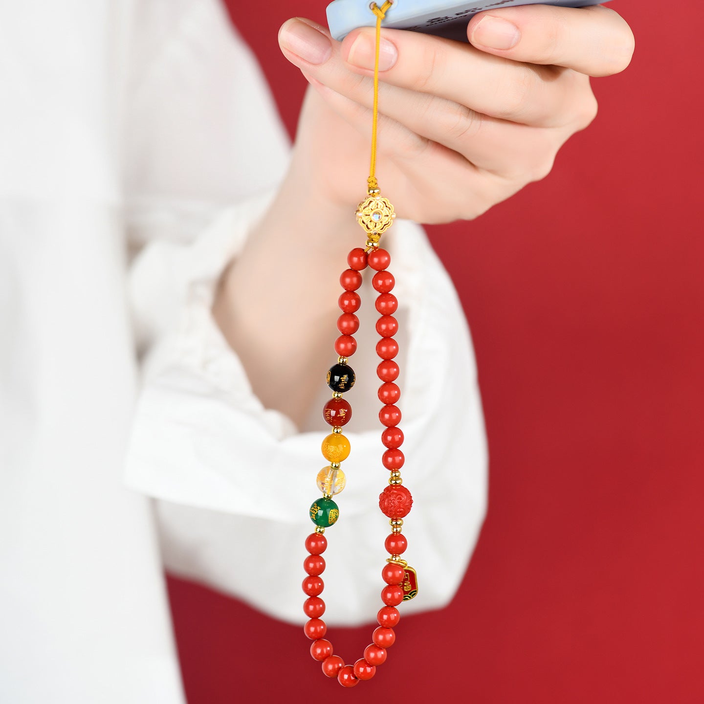 Imperial Red Cinnabar Five-Way God of Wealth Phone Charm - Natural Mineral Pendant for Wealth Attraction