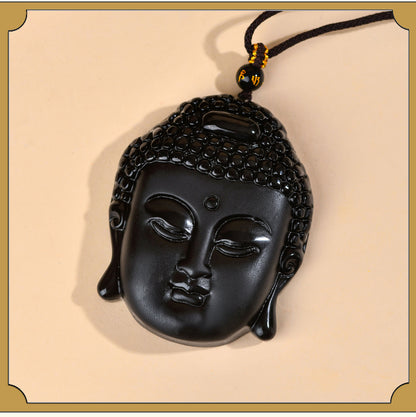 Natural Matte Obsidian Shakyamuni Buddha Head Pendant - Spiritual Protection Amulet
