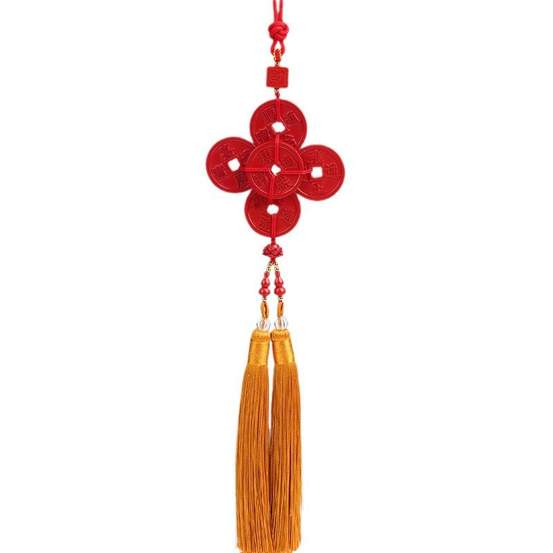 Natural Imperial Red Sand Five Emperors Coin Car Hanging Ornament - Wealth & Protection Amulet