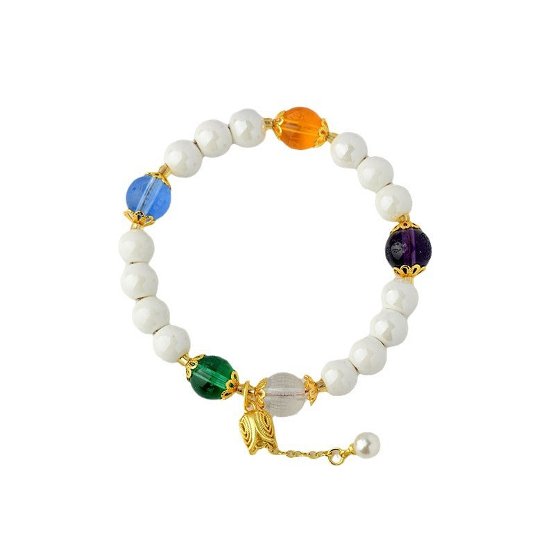 Five Elements Crystal Bracelet with White Porcelain Beads - Wealth, Wisdom & Healing Energy
