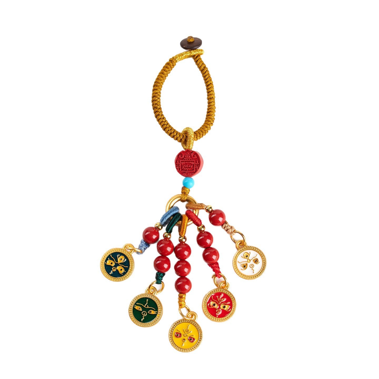 Natural Imperial Red Cinnabar Five-Way God of Wealth Keychain - Chinese Style Bag Charm for Wealth and Luck