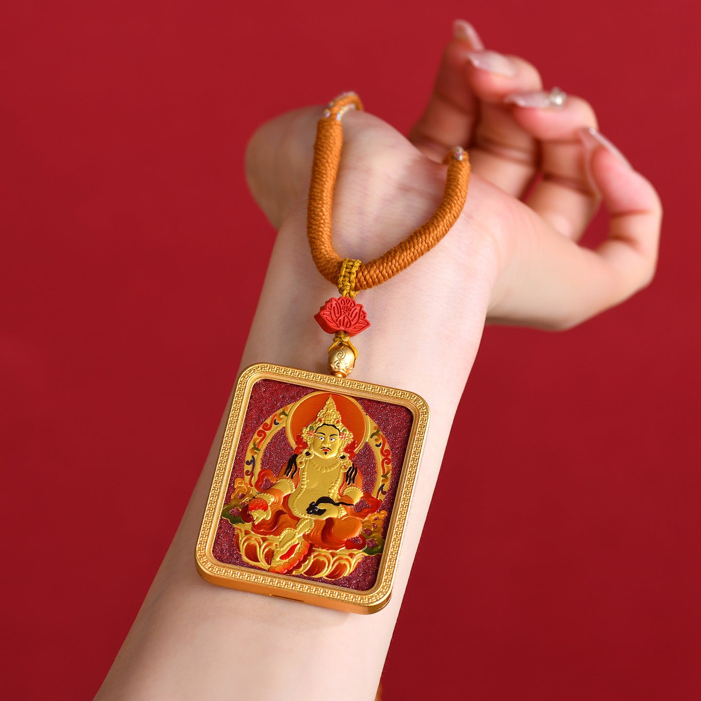 Purple Gold Cinnabar Yellow God of Wealth Thangka Pendant with Hand-Woven Rope Necklace