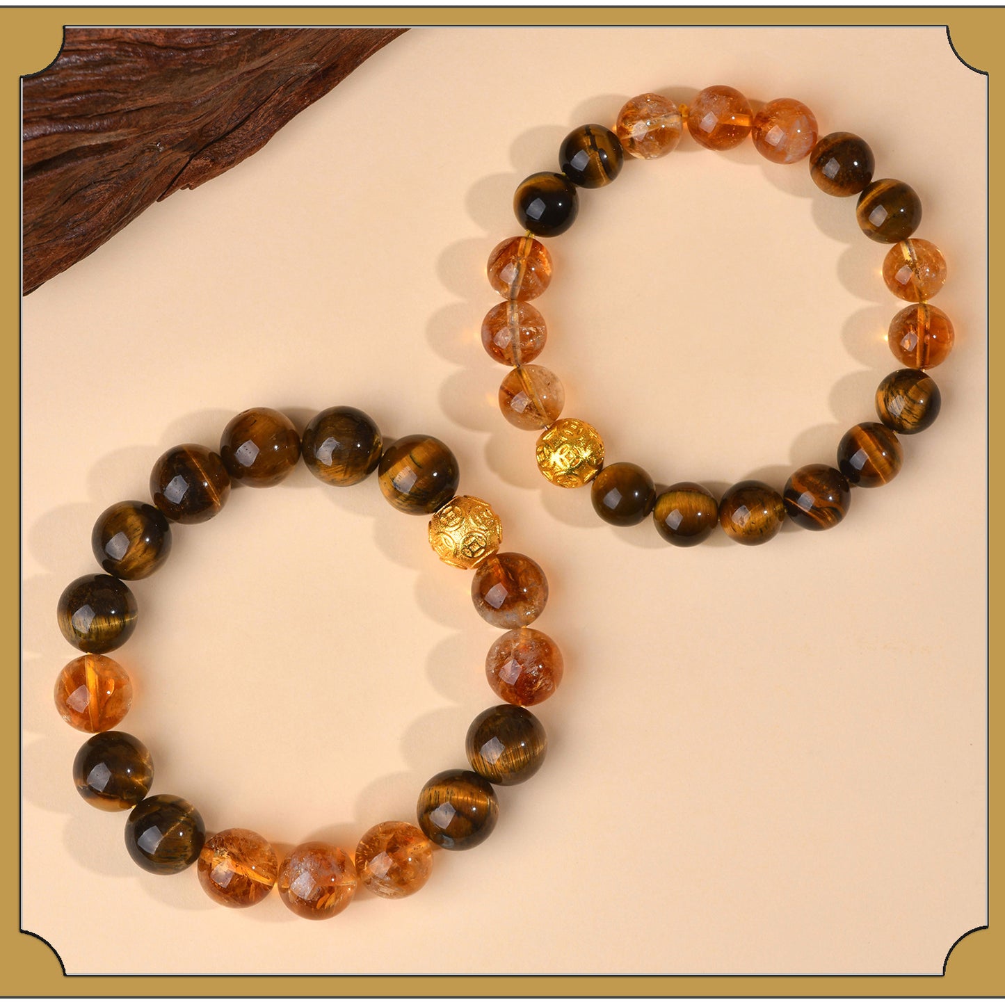 Yellow Tiger Eye Crystal Bracelet with Copper Coin Beads - Chinese Style Lucky Charm