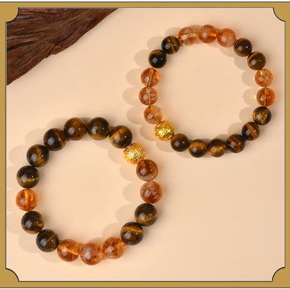 Yellow Tiger Eye Crystal Bracelet with Copper Coin Beads - Chinese Style Lucky Charm