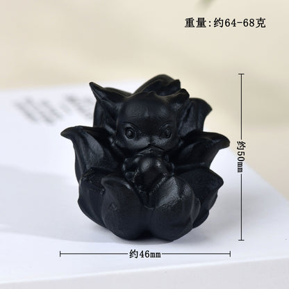 Natural Obsidian Carved Nine-Tailed Fox Ornament - Mystical Desk Decor for Wisdom & Protection