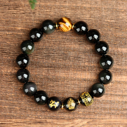 Natural Obsidian Zodiac Buddha Bracelet with Tiger Eye and Six-Word Mantra