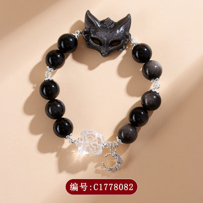 Silver Obsidian Fox Mask Bracelet with White Crystal Lion Awakening - Chinese Style Women's Spiritual Jewelry