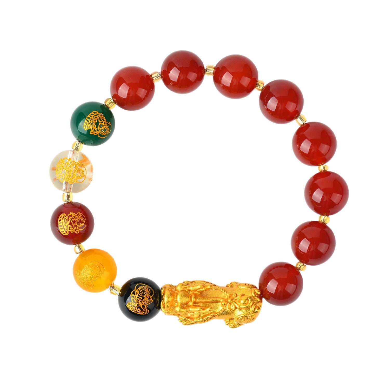 Natural Red Agate Obsidian Five-Way Wealth God Golden Pixiu Bracelet with Zodiac Beads