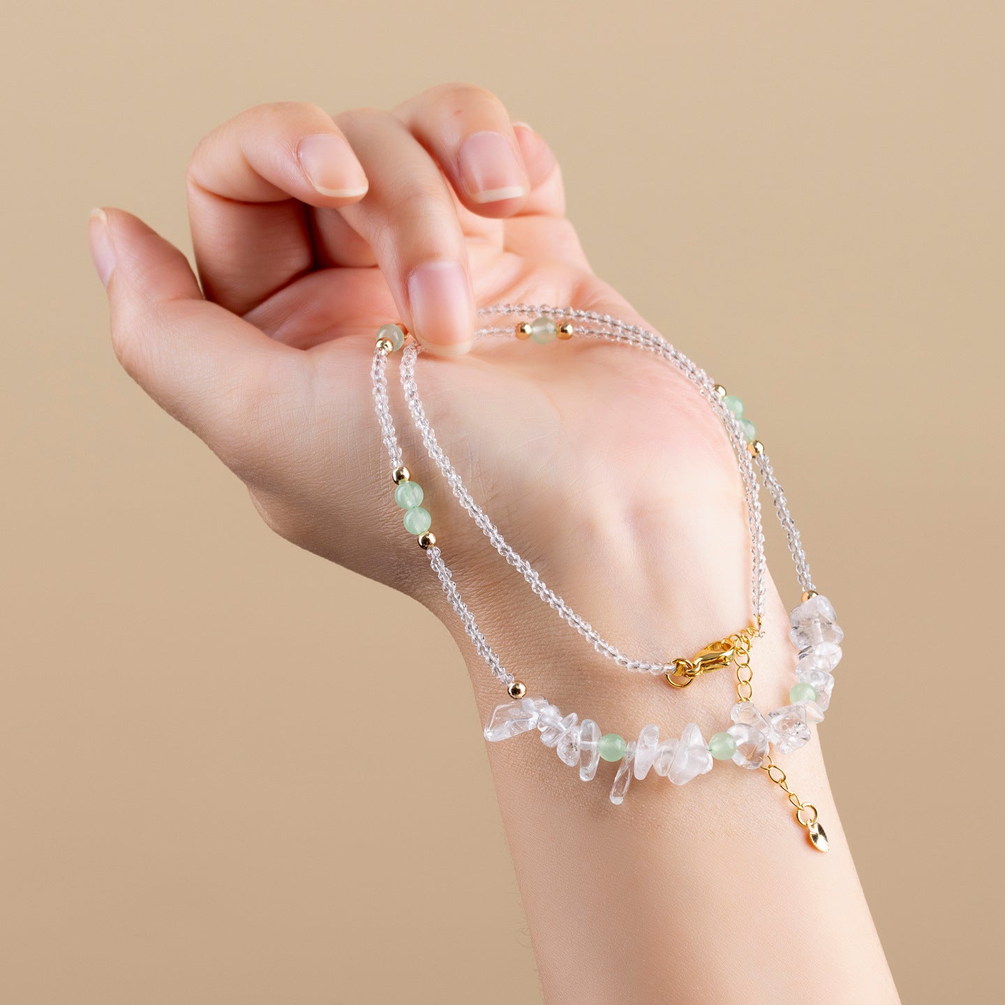 Natural White Crystal & Green Chalcedony Adjustable Clavicle Necklace | Purifying Energy & Elegant Design