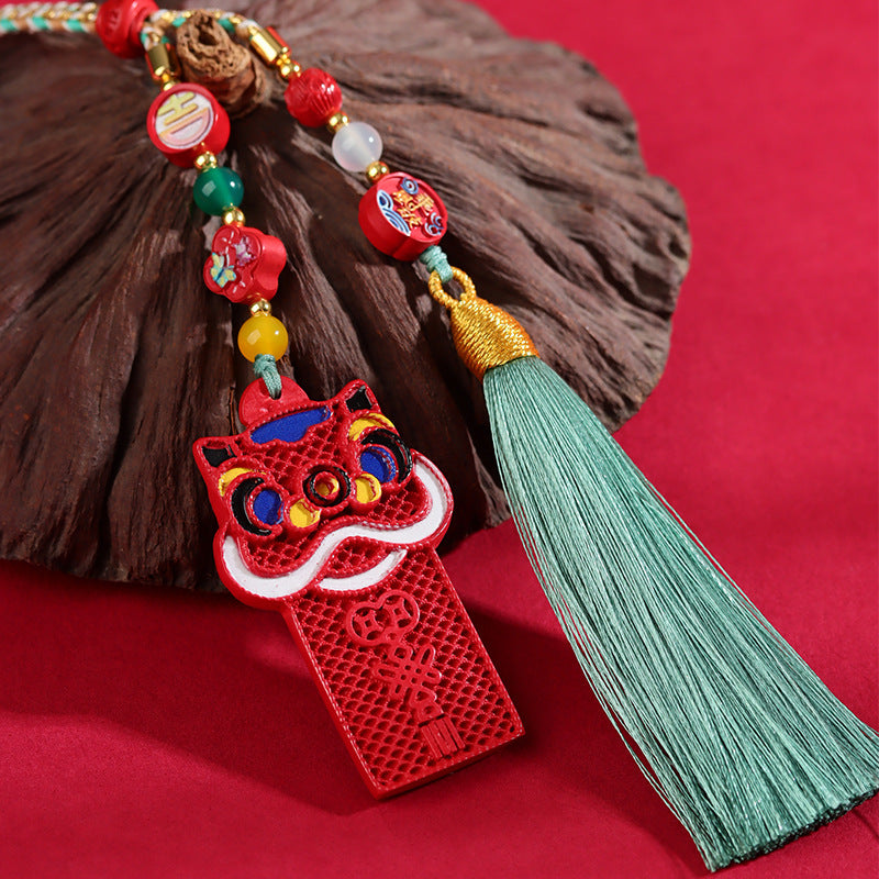 Natural Imperial Red Cinnabar Lion Car Pendant - Mystical Protection Charm