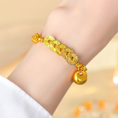 Golden Five Emperors Coin Bracelet with Little Fat Fu Charm - Wealth and Protection Talisman