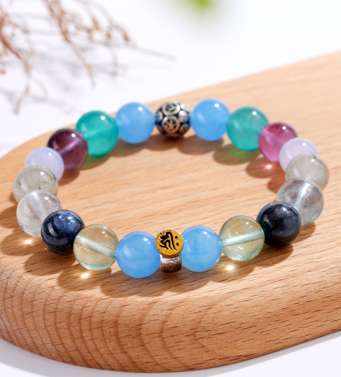 Natural Crystal Multi-Gem Sanskrit Eight Guardian Deities Zodiac Buddha Balance Bracelet