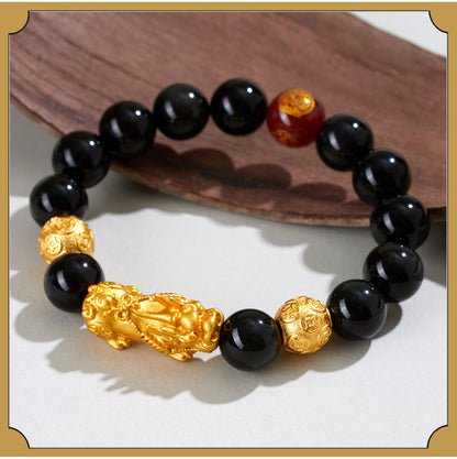 Natural Obsidian Gold Pixiu Zodiac Buddha Bracelet for Wealth Protection and Spiritual Harmony
