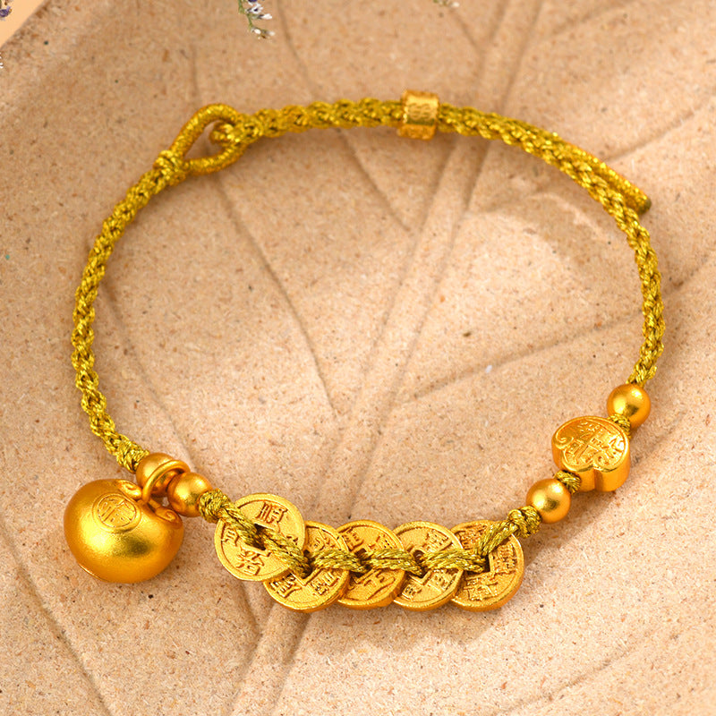 Golden Five Emperors Coin Bracelet with Little Fat Fu Charm - Wealth and Protection Talisman