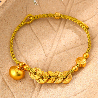 Golden Five Emperors Coin Bracelet with Little Fat Fu Charm - Wealth and Protection Talisman