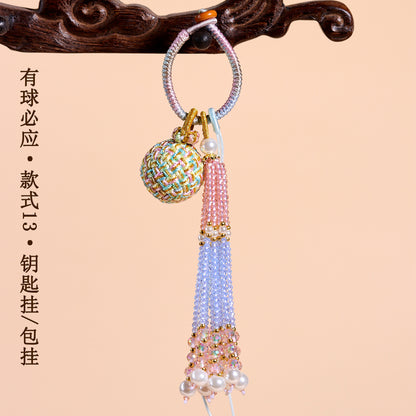 Handwoven Crystal Ball Keychain | Lucky Charm Bag Hanger with Beaded Tassel