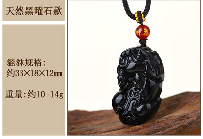 Natural Black Obsidian Pixiu Pendant with Copper Coin and Ruyi Carving - Wealth and Protection Amulet