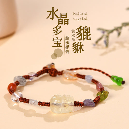 Natural Yellow Crystal Pixiu Bracelet with Crushed Gemstones | Wealth Attraction Handwoven Amulet