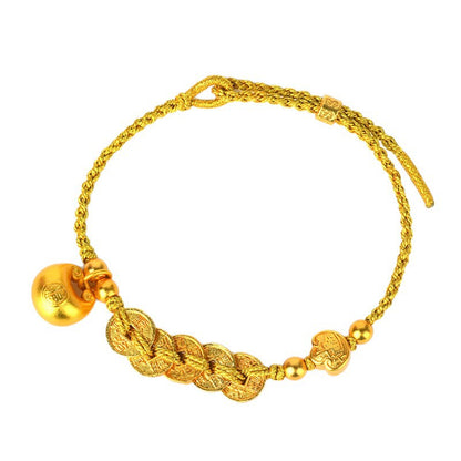 Golden Five Emperors Coin Bracelet with Little Fat Fu Charm - Wealth and Protection Talisman