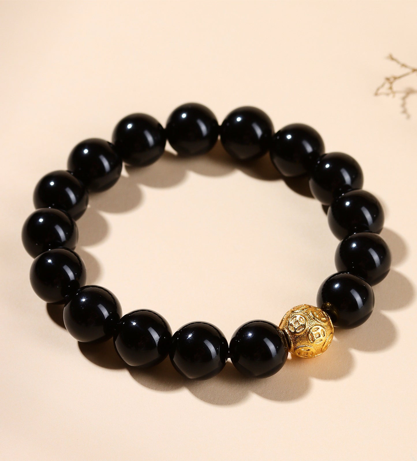 Natural Obsidian Gold Copper Coin Bead Bracelet - Chinese Style Unisex Protection Wealth Charm