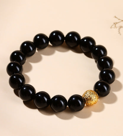 Natural Obsidian Gold Copper Coin Bead Bracelet - Chinese Style Unisex Protection Wealth Charm