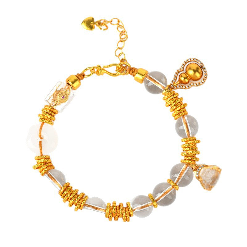 Golden Coiled White Crystal Bracelet with White Agate Peace Buckle - New Chinese Style Spiritual Jewelry