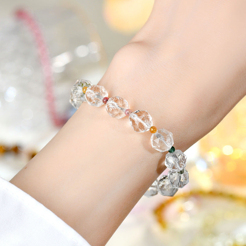 Natural Faceted White Crystal Tourmaline Bracelet | Spiritual Energy & Temple Elegance