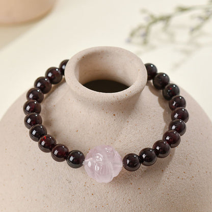 Natural Crystal Garnet Rose Quartz Fox Bracelet - Chinese Style Women's Spiritual Jewelry