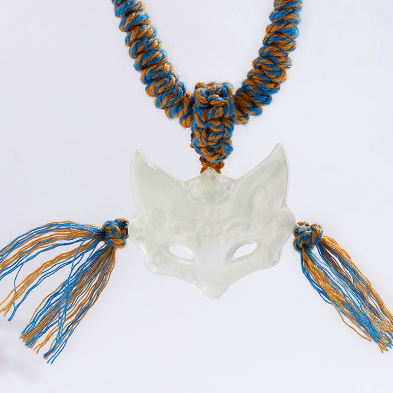 Natural Yellow Crystal Fox Mask Pendant Tibetan Necklace - Wisdom & Prosperity Amulet