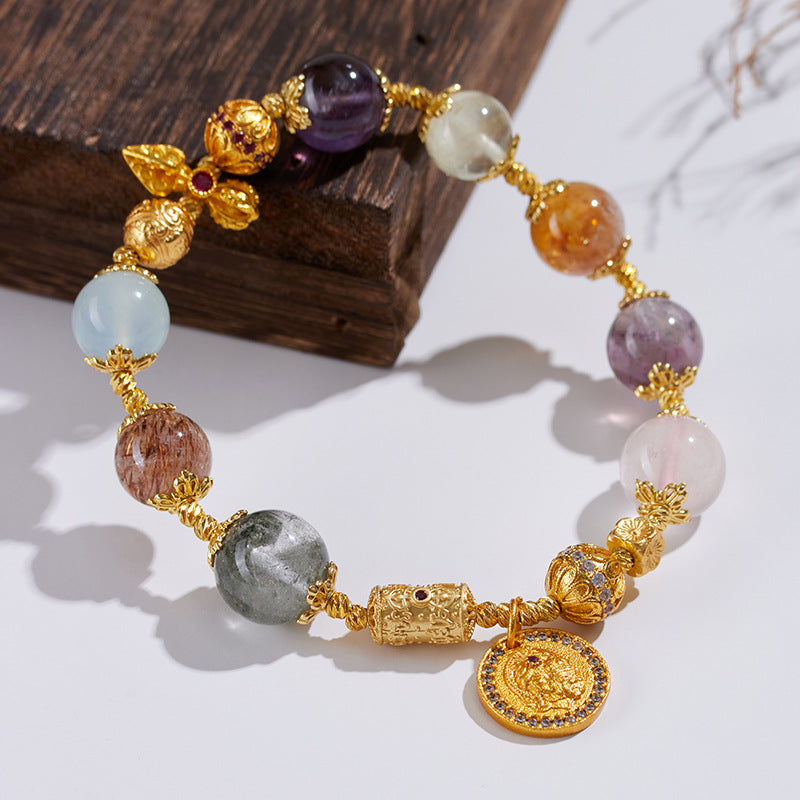 Natural Crystal Multi-Gem Bracelet with Amethyst & Aquamarine | Feng Shui Protection