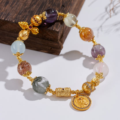 Natural Crystal Multi-Gem Bracelet with Amethyst & Aquamarine | Feng Shui Protection