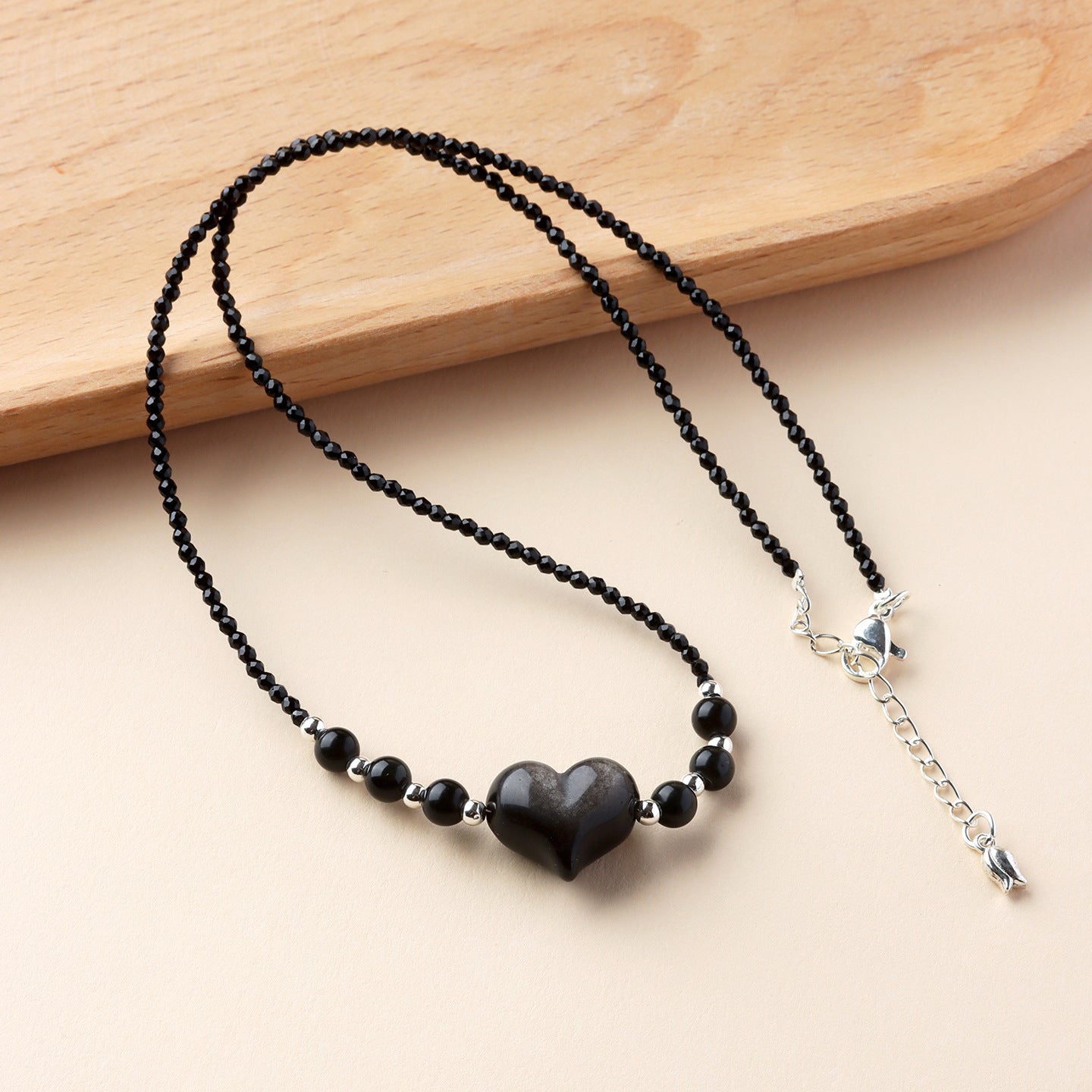Natural Silver Obsidian Heart Necklace | Adjustable Collarbone Chain for Women