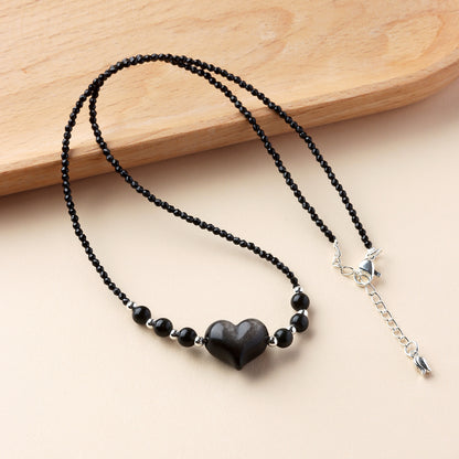 Natural Silver Obsidian Heart Necklace | Adjustable Collarbone Chain for Women