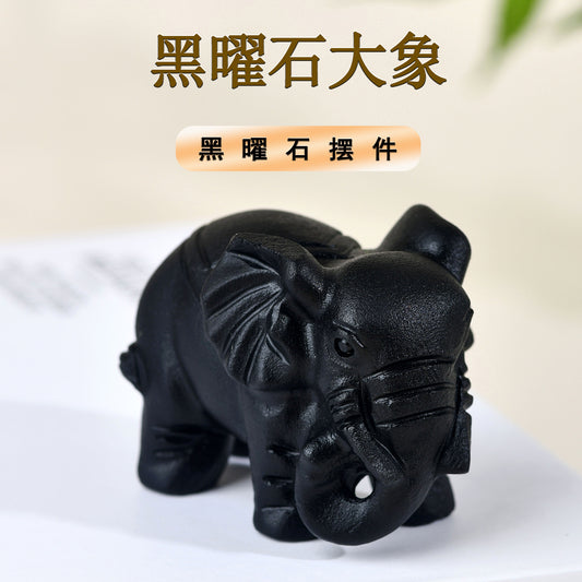 Natural Obsidian Carved Elephant Ornament - Office & Home Lucky Charm Display