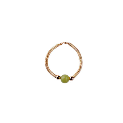 Handmade Crystal Agate Ring with Yellow Rutilated Quartz and Moonstone - Open Wire Wrapped Design for Wealth and Protection