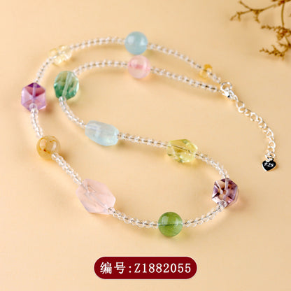Natural Freeform Crystal Multi-Gemstone Women's Bracelet Collarbone Chain - s925 Silver Macaron Candy Color