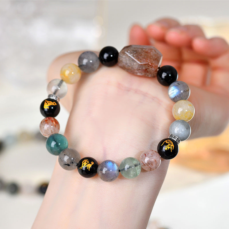 Natural Crystal Zodiac Three-In-One Bracelet | Black Gold Flexible Birth Year Unisex Couple Energy Jewelry