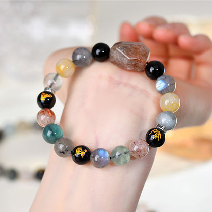 Natural Crystal Zodiac Three-In-One Bracelet | Black Gold Flexible Birth Year Unisex Couple Energy Jewelry