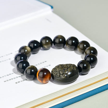 Natural Rainbow Eye Obsidian Pixiu Bracelet - Wealth and Protection Talisman for Couples