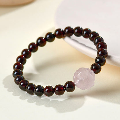 Natural Crystal Garnet Rose Quartz Fox Bracelet - Chinese Style Women's Spiritual Jewelry