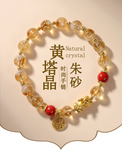 Yellow Pagoda Crystal and Imperial Red Cinnabar Lucky Bracelet for Women