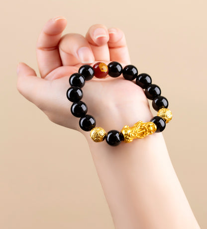 Natural Obsidian Gold Pixiu Zodiac Buddha Bracelet for Wealth Protection and Spiritual Harmony