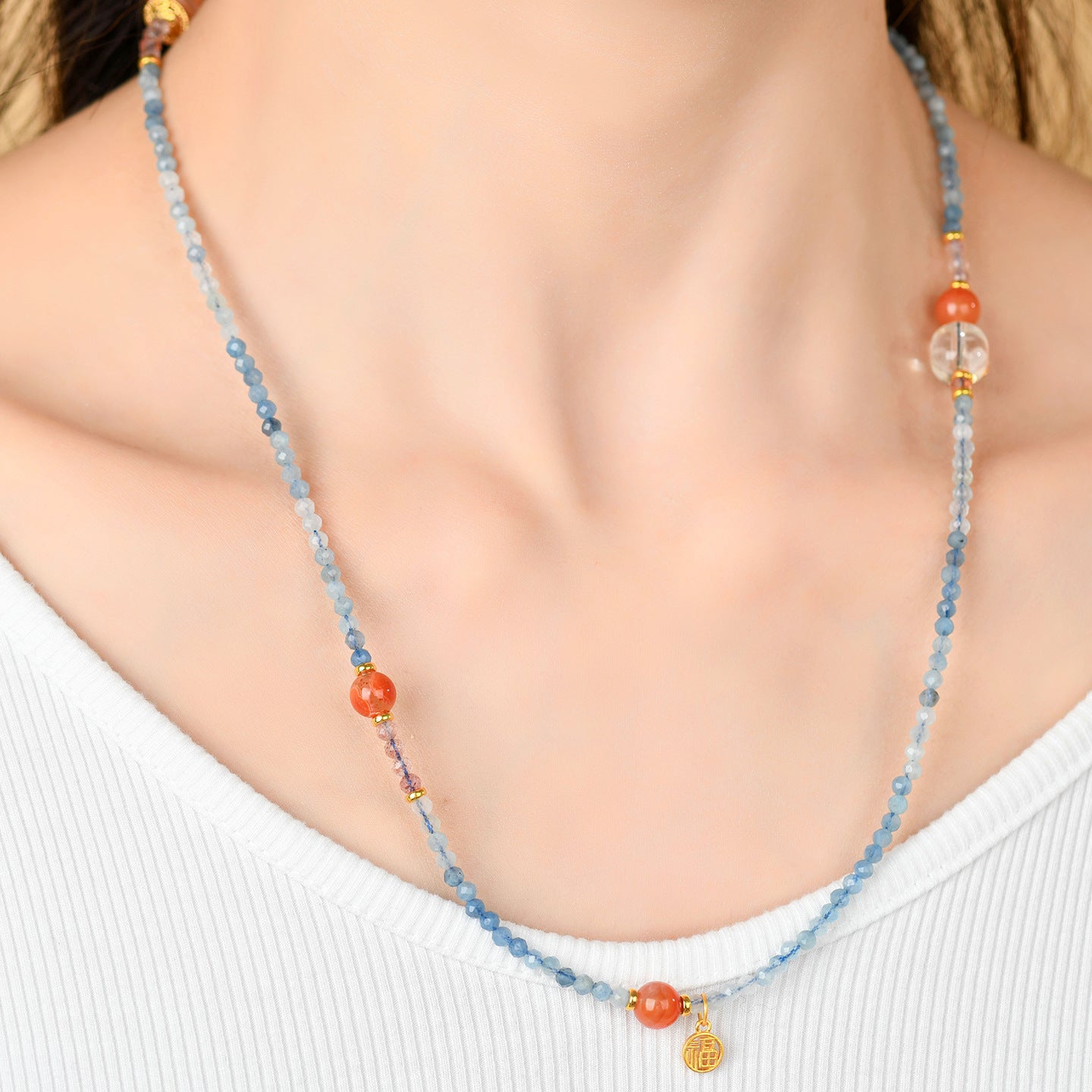 Natural Crystal Aquamarine Southern Red Agate Collarbone Necklace - S925 Silver Elegant Jewelry for Women