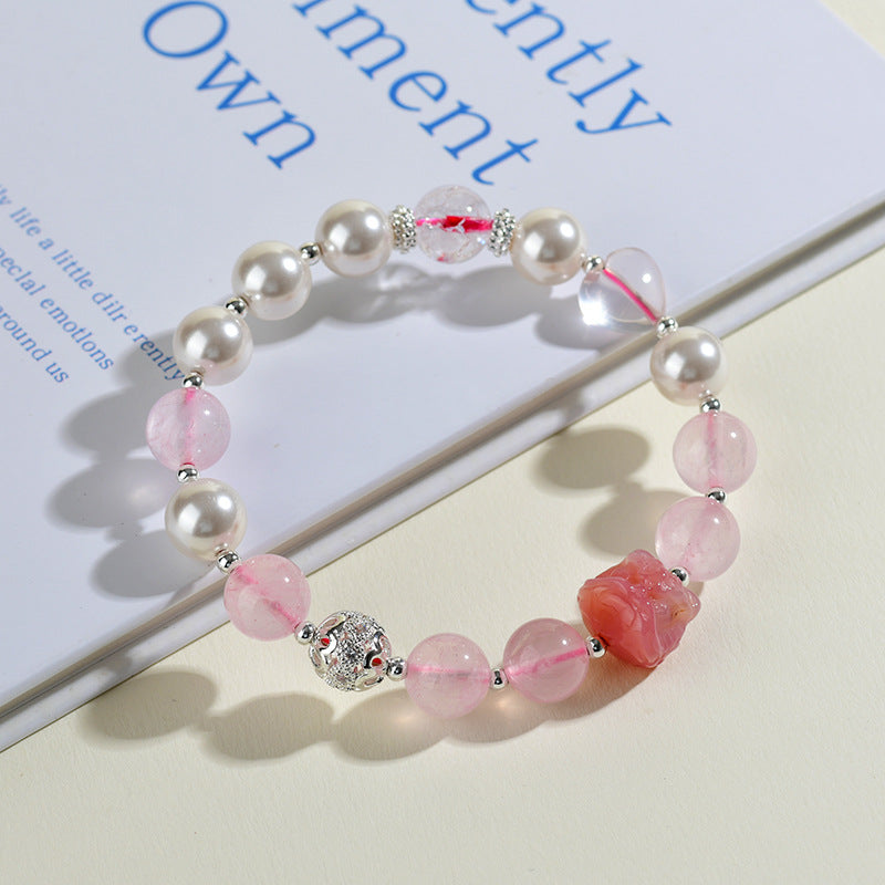 Natural Rose Quartz Pisces Crystal Bracelet with Shell Beads - Chinese Lion Dance Inspiration